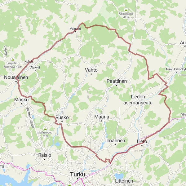 Map miniature of "Nousiainen-Pyorvuori-Klootinkallio-Nuolemo-Linnavuori-Rusko-Masku Gravel Route" cycling inspiration in Etelä-Suomi, Finland. Generated by Tarmacs.app cycling route planner