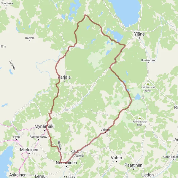 Map miniature of "Nousiainen-Mynämäki-Saksala-Pyörvuori-Nousiainen Gravel Loop Route" cycling inspiration in Etelä-Suomi, Finland. Generated by Tarmacs.app cycling route planner