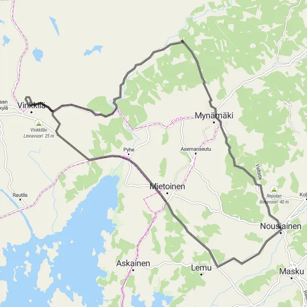 Map miniature of "Nousiainen-Mannuistenvuori-Mietoinen-Kuulila-Mynämäki Circular Road Route" cycling inspiration in Etelä-Suomi, Finland. Generated by Tarmacs.app cycling route planner