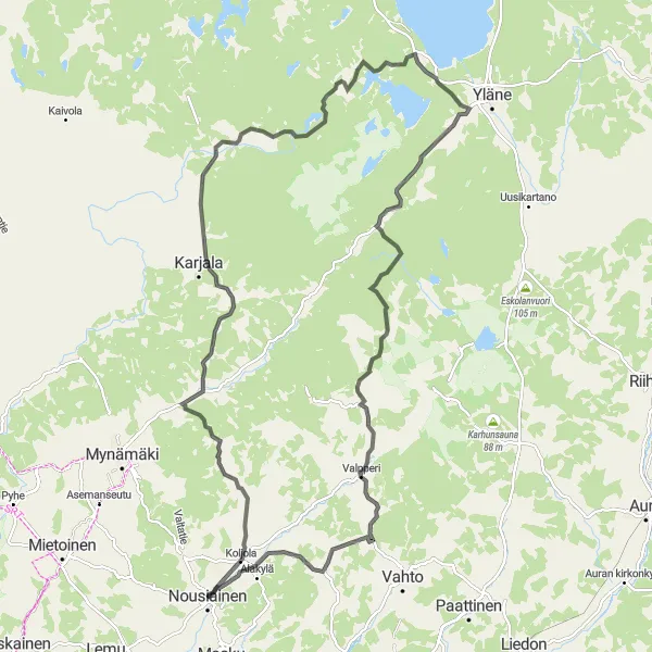 Map miniature of "Nousiainen-Santamala-Rajakallio-Nousiainen Circular Road Route" cycling inspiration in Etelä-Suomi, Finland. Generated by Tarmacs.app cycling route planner