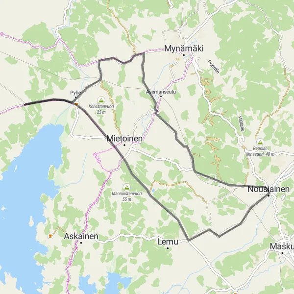 Map miniature of "Nousiainen-Mannuistenvuori-Mietoinen-Pyhe Road Route" cycling inspiration in Etelä-Suomi, Finland. Generated by Tarmacs.app cycling route planner