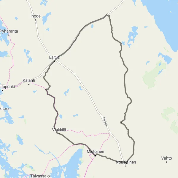 Map miniature of "Nousiainen-Mietoinen-Vinkkilän Linnavuori-Kodjala-Hinnerjoki-Santamala Circular Road Route" cycling inspiration in Etelä-Suomi, Finland. Generated by Tarmacs.app cycling route planner