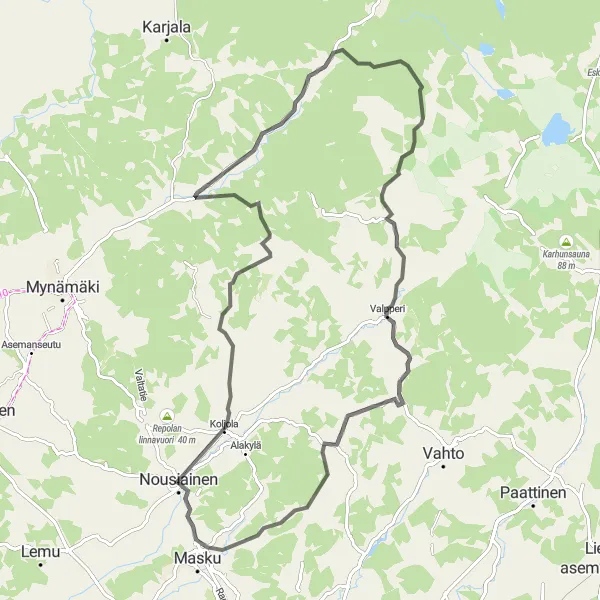 Map miniature of "Nousiainen-Pyorvuori-Rajakallio-Masku Road Route" cycling inspiration in Etelä-Suomi, Finland. Generated by Tarmacs.app cycling route planner