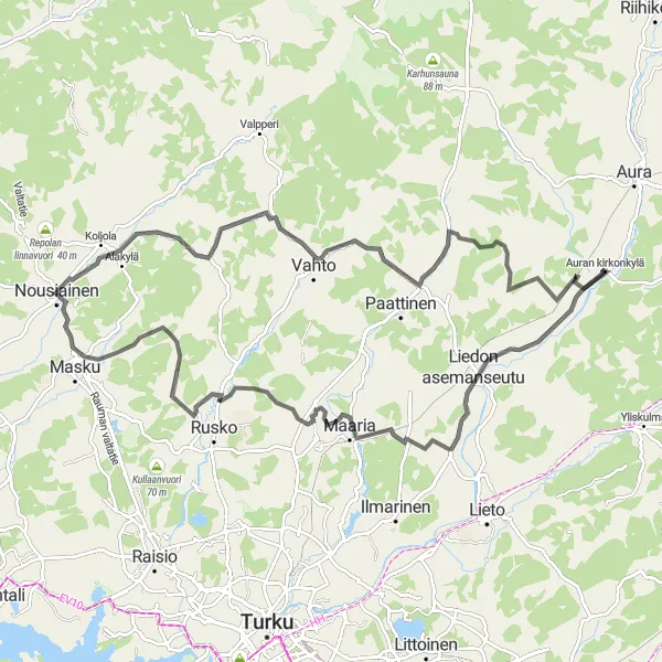 Map miniature of "Nousiainen-Rajakallio-Vahto-Pasinkallio-Liedon Asemanseutu-Maaria-Pikkuvuori-Masku Road Route" cycling inspiration in Etelä-Suomi, Finland. Generated by Tarmacs.app cycling route planner