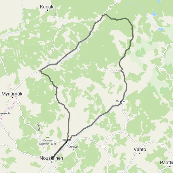 Map miniature of "Nousiainen-Santamala-Pyorvuori Route" cycling inspiration in Etelä-Suomi, Finland. Generated by Tarmacs.app cycling route planner