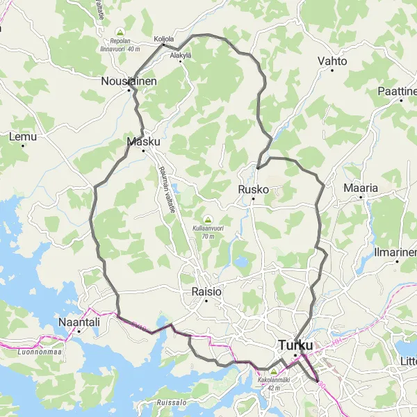 Map miniature of "The Turku Castle Loop" cycling inspiration in Etelä-Suomi, Finland. Generated by Tarmacs.app cycling route planner