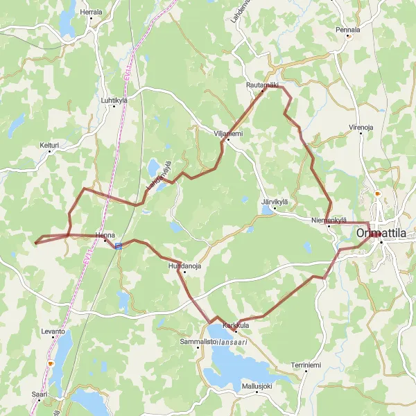 Map miniature of "Gravel Adventure to Henna" cycling inspiration in Etelä-Suomi, Finland. Generated by Tarmacs.app cycling route planner