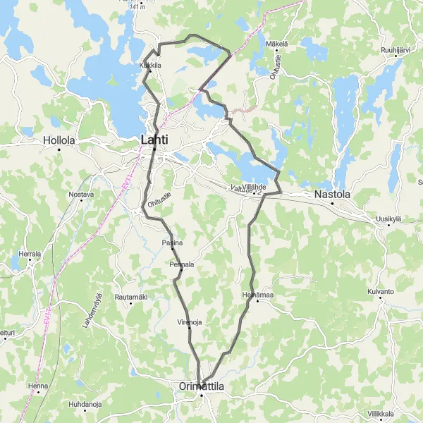 Map miniature of "Orimattila to Pennala Loop" cycling inspiration in Etelä-Suomi, Finland. Generated by Tarmacs.app cycling route planner