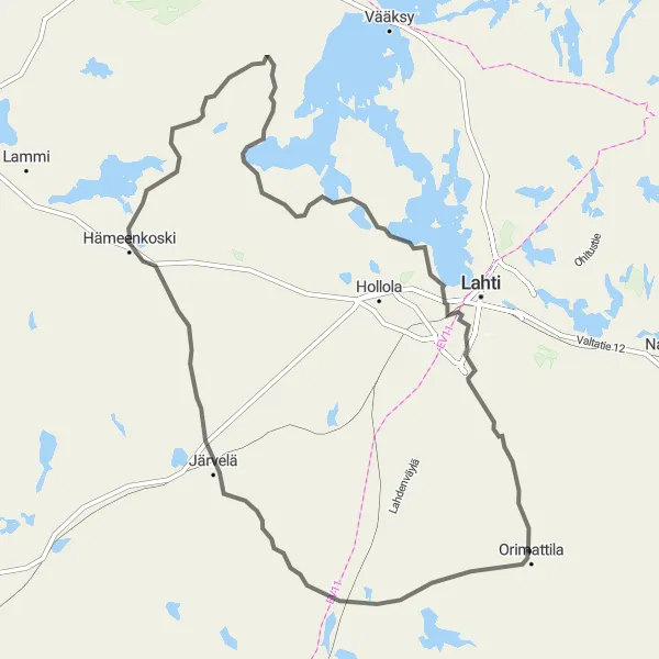 Karttaminiaatyyri "Tönnö - Orimattila - Hämeenkoski - Hollolan kirkonkylä - Hennala - Viitaila - Orimattila" pyöräilyinspiraatiosta alueella Etelä-Suomi, Finland. Luotu Tarmacs.app pyöräilyreittisuunnittelijalla