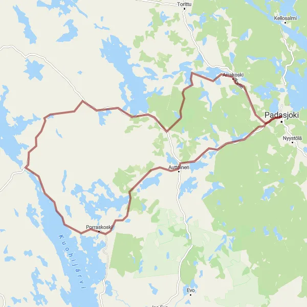 Map miniature of "Scenic Gravel Cycling Route through Auttoinen and Padasjoki" cycling inspiration in Etelä-Suomi, Finland. Generated by Tarmacs.app cycling route planner