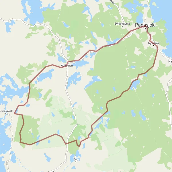 Map miniature of "Gravel Cycling Route to Laavu from Padasjoki" cycling inspiration in Etelä-Suomi, Finland. Generated by Tarmacs.app cycling route planner