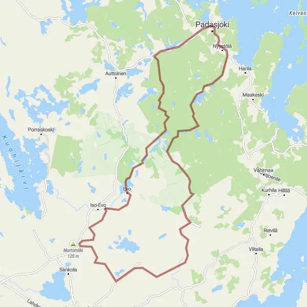 Karttaminiaatyyri "Padasjoki - Evo - Taulu - Maastopyöräilyreitti" pyöräilyinspiraatiosta alueella Etelä-Suomi, Finland. Luotu Tarmacs.app pyöräilyreittisuunnittelijalla