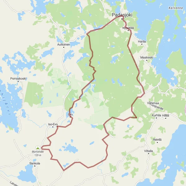 Map miniature of "Gravel Route from Padasjoki to Evo and Taulu" cycling inspiration in Etelä-Suomi, Finland. Generated by Tarmacs.app cycling route planner