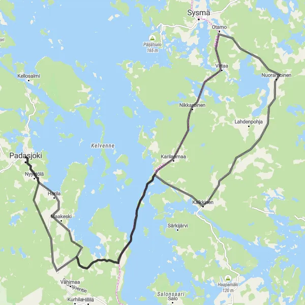 Map miniature of "Padasjoki to Kalkkinen Road Cycling Adventure" cycling inspiration in Etelä-Suomi, Finland. Generated by Tarmacs.app cycling route planner