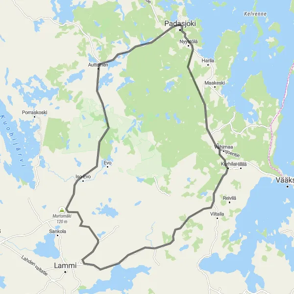 Karttaminiaatyyri "Padasjoki - Kurhila - Auttoinen - Taulu - Maantiepyöräilyreitti" pyöräilyinspiraatiosta alueella Etelä-Suomi, Finland. Luotu Tarmacs.app pyöräilyreittisuunnittelijalla