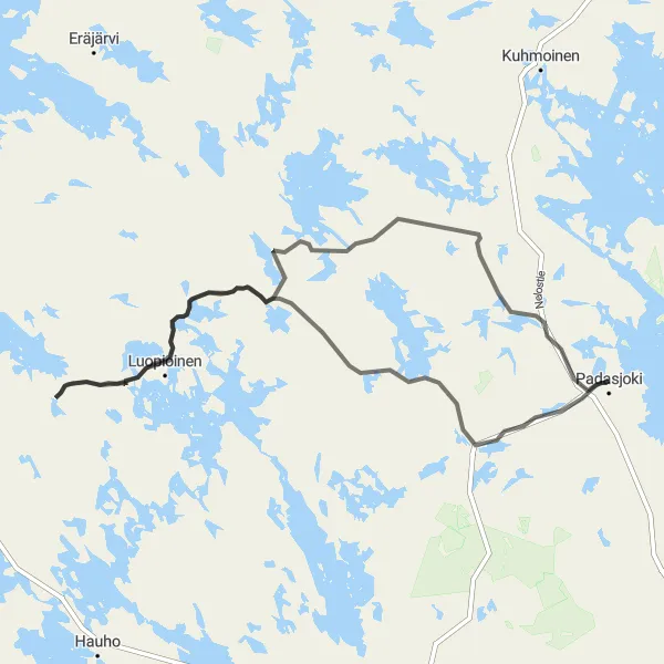 Karttaminiaatyyri "Padasjoki - Auttoinen - Taulu - Maantiepyöräilyreitti" pyöräilyinspiraatiosta alueella Etelä-Suomi, Finland. Luotu Tarmacs.app pyöräilyreittisuunnittelijalla