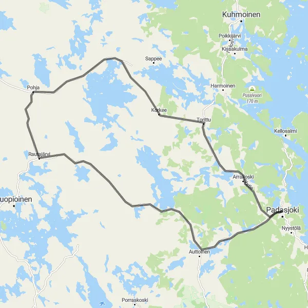 Karttaminiaatyyri "Auttoinen - Pohja - Padasjoki - Maantiepyöräilyreitti" pyöräilyinspiraatiosta alueella Etelä-Suomi, Finland. Luotu Tarmacs.app pyöräilyreittisuunnittelijalla