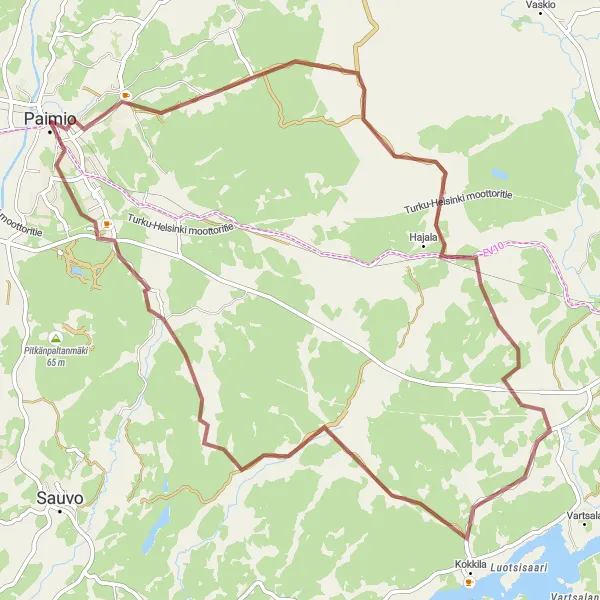 Map miniature of "Gravel Tour through Paimio and surrounding areas" cycling inspiration in Etelä-Suomi, Finland. Generated by Tarmacs.app cycling route planner