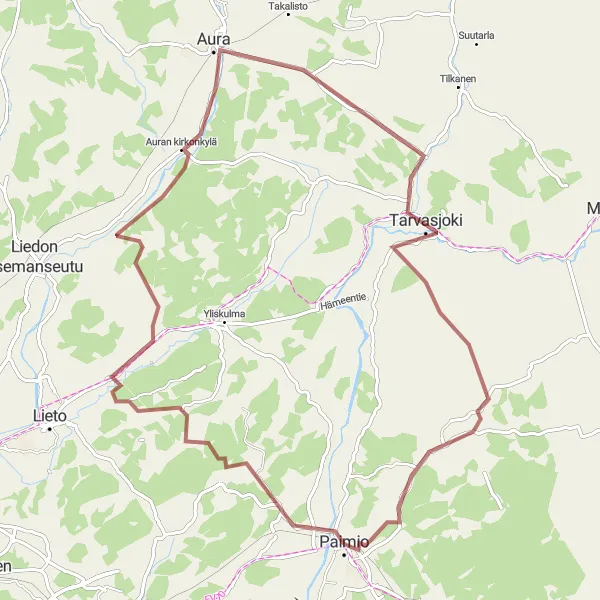 Map miniature of "Aura Gravel Paradise" cycling inspiration in Etelä-Suomi, Finland. Generated by Tarmacs.app cycling route planner