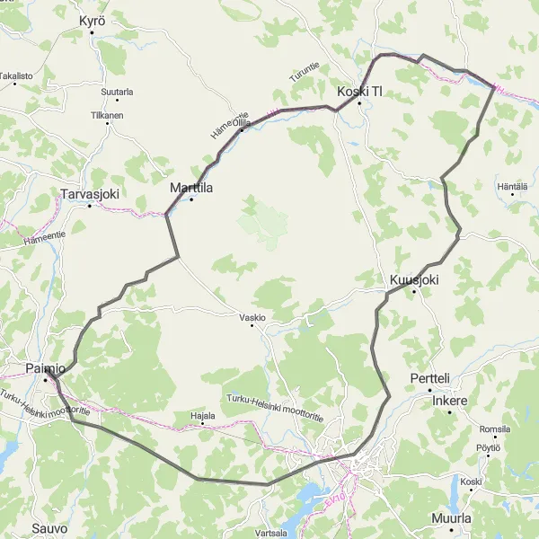 Map miniature of "Paimio - Kuusjoki Loop" cycling inspiration in Etelä-Suomi, Finland. Generated by Tarmacs.app cycling route planner