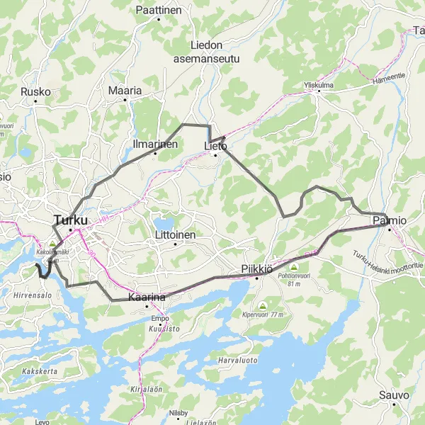 Karttaminiaatyyri "Paimio - Lieto Road Cycling Route" pyöräilyinspiraatiosta alueella Etelä-Suomi, Finland. Luotu Tarmacs.app pyöräilyreittisuunnittelijalla