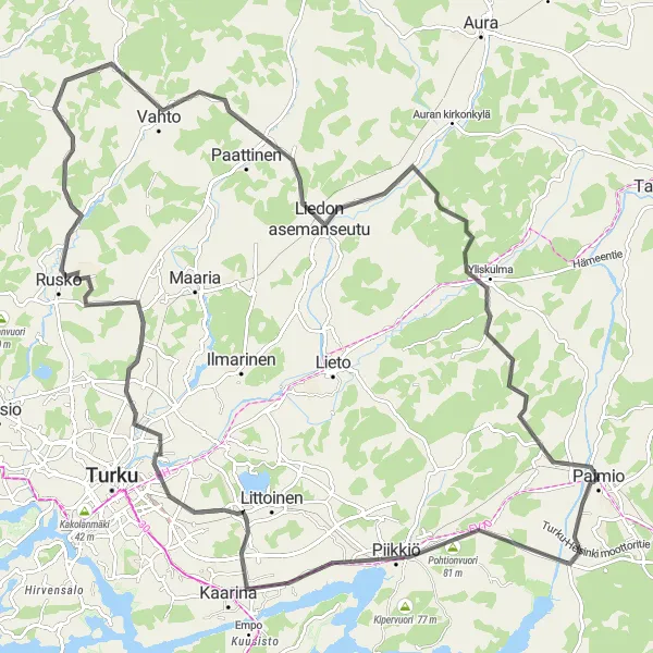 Karttaminiaatyyri "Paimio - Vista" pyöräilyinspiraatiosta alueella Etelä-Suomi, Finland. Luotu Tarmacs.app pyöräilyreittisuunnittelijalla