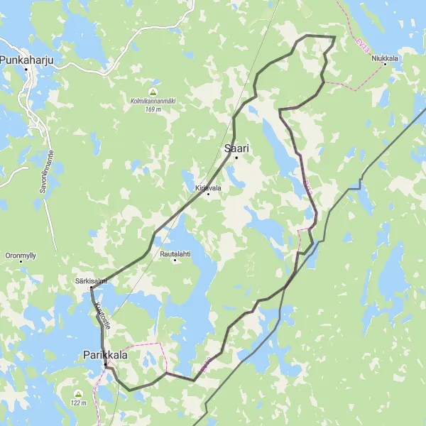 Karttaminiaatyyri "Luontoreitti Särkisalmelta Parikkalaan" pyöräilyinspiraatiosta alueella Etelä-Suomi, Finland. Luotu Tarmacs.app pyöräilyreittisuunnittelijalla