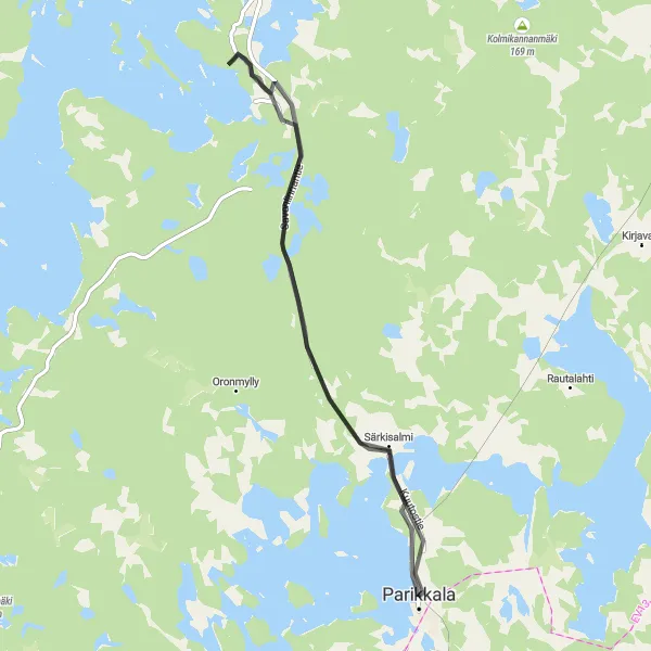 Karttaminiaatyyri "Särkisalmi Loop" pyöräilyinspiraatiosta alueella Etelä-Suomi, Finland. Luotu Tarmacs.app pyöräilyreittisuunnittelijalla