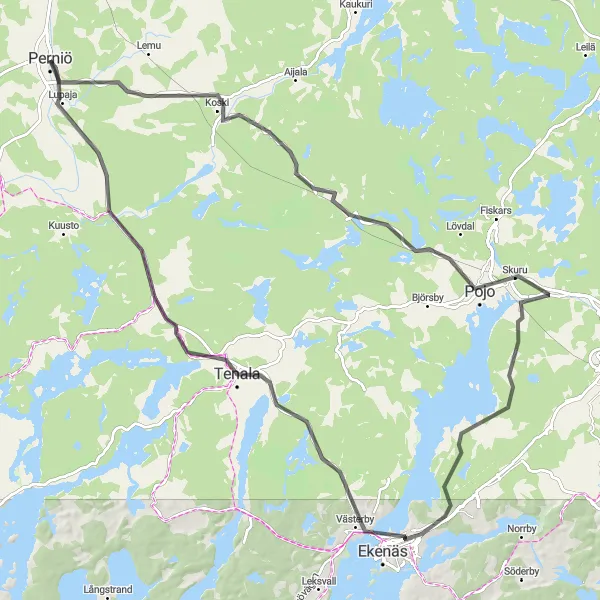 Map miniature of "Pojo Loop" cycling inspiration in Etelä-Suomi, Finland. Generated by Tarmacs.app cycling route planner