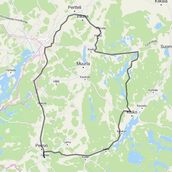 Map miniature of "Salo Exploration" cycling inspiration in Etelä-Suomi, Finland. Generated by Tarmacs.app cycling route planner