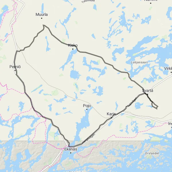 Map miniature of "Coastal Ride: Perniö to Ekenäs" cycling inspiration in Etelä-Suomi, Finland. Generated by Tarmacs.app cycling route planner
