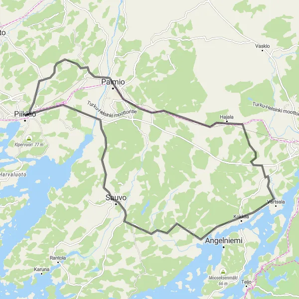 Map miniature of "Challenge Yourself: Road Cycling to Sauvo" cycling inspiration in Etelä-Suomi, Finland. Generated by Tarmacs.app cycling route planner