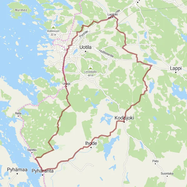 Map miniature of "Discover the Gravel Roads of Pyhäranta" cycling inspiration in Etelä-Suomi, Finland. Generated by Tarmacs.app cycling route planner