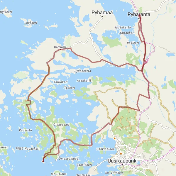 Karttaminiaatyyri "Pyhäranta-Lepäinen-Rohdainen Gravel Cycling Route" pyöräilyinspiraatiosta alueella Etelä-Suomi, Finland. Luotu Tarmacs.app pyöräilyreittisuunnittelijalla