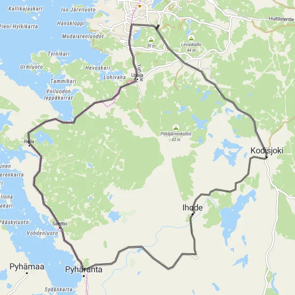 Karttaminiaatyyri "Pyhäranta - Isovuori - Ihode" pyöräilyinspiraatiosta alueella Etelä-Suomi, Finland. Luotu Tarmacs.app pyöräilyreittisuunnittelijalla