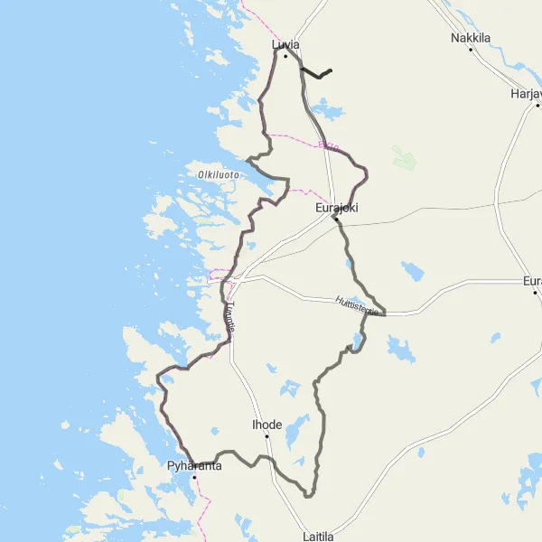 Karttaminiaatyyri "Pyhäranta-Old Rauma-Liinmaa Linna-Luvia-Irjanne-Kauklainen Road Cycling Route" pyöräilyinspiraatiosta alueella Etelä-Suomi, Finland. Luotu Tarmacs.app pyöräilyreittisuunnittelijalla