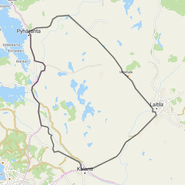 Map miniature of "Pyhäranta to Ridanala Road Cycling Route" cycling inspiration in Etelä-Suomi, Finland. Generated by Tarmacs.app cycling route planner