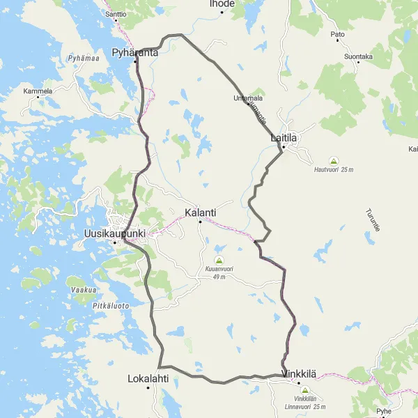 Karttaminiaatyyri "Pyhäranta-Laitila-Himoinen Road Cycling Route" pyöräilyinspiraatiosta alueella Etelä-Suomi, Finland. Luotu Tarmacs.app pyöräilyreittisuunnittelijalla