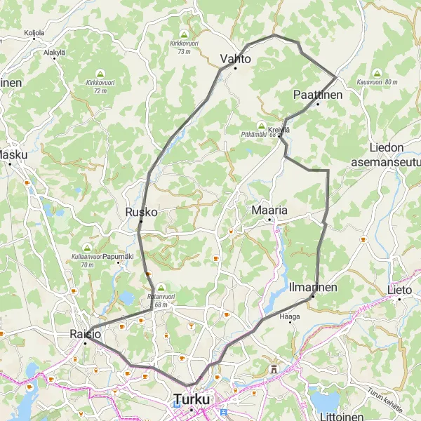 Map miniature of "Discovering Rusko and Vahto" cycling inspiration in Etelä-Suomi, Finland. Generated by Tarmacs.app cycling route planner