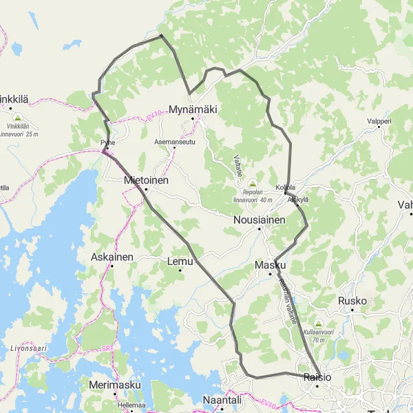 Karttaminiaatyyri "Pikku-Kuuanvuori-Mannuistenvuori-Mietoinen-Munttinen-Masku" pyöräilyinspiraatiosta alueella Etelä-Suomi, Finland. Luotu Tarmacs.app pyöräilyreittisuunnittelijalla