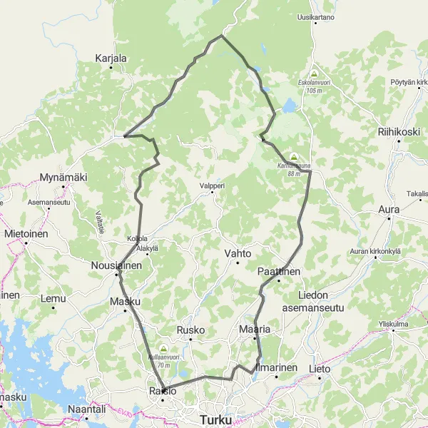 Map miniature of "Scenic Road Cycling in Raisio" cycling inspiration in Etelä-Suomi, Finland. Generated by Tarmacs.app cycling route planner