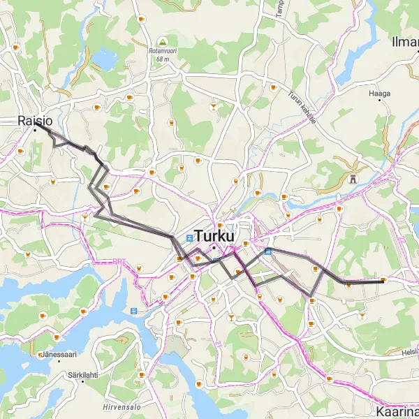 Map miniature of "Scenic Road Loop near Raisio" cycling inspiration in Etelä-Suomi, Finland. Generated by Tarmacs.app cycling route planner