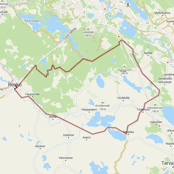 Map miniature of "Renko Gravel Escape" cycling inspiration in Etelä-Suomi, Finland. Generated by Tarmacs.app cycling route planner