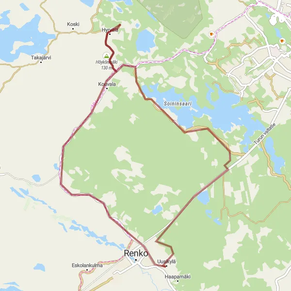 Map miniature of "Renko Gravel Loop" cycling inspiration in Etelä-Suomi, Finland. Generated by Tarmacs.app cycling route planner