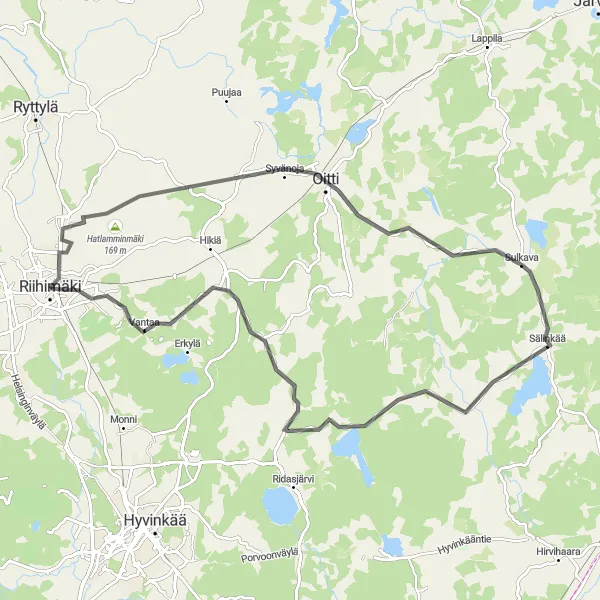 Karttaminiaatyyri "Hatlamminmäki - Riihimäki Road Cycling Route" pyöräilyinspiraatiosta alueella Etelä-Suomi, Finland. Luotu Tarmacs.app pyöräilyreittisuunnittelijalla