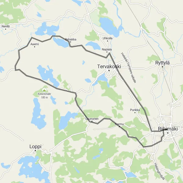 Map miniature of "Adventurous Road Cycling in Riihimäki" cycling inspiration in Etelä-Suomi, Finland. Generated by Tarmacs.app cycling route planner