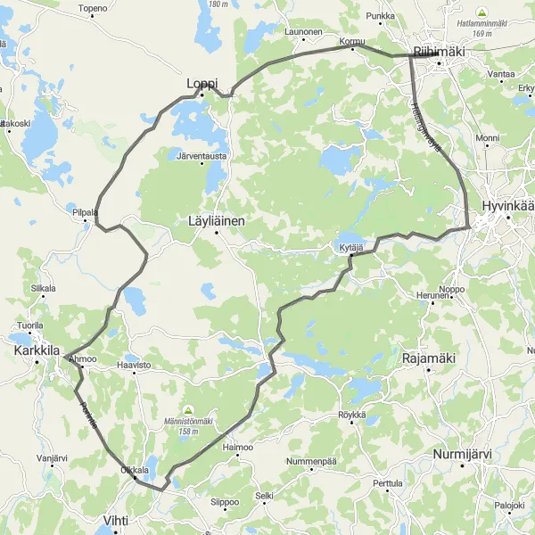 Map miniature of "Challenging Road Cycling Expedition near Riihimäki" cycling inspiration in Etelä-Suomi, Finland. Generated by Tarmacs.app cycling route planner