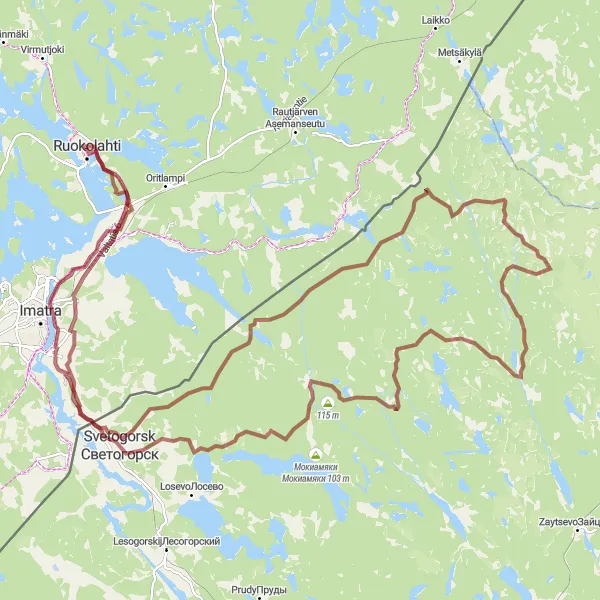 Map miniature of "Ruokolahti Forest Gravel Adventure" cycling inspiration in Etelä-Suomi, Finland. Generated by Tarmacs.app cycling route planner