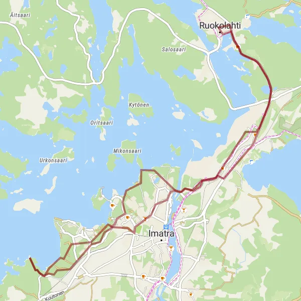 Map miniature of "Ruokolahti Gravel Cycling Route" cycling inspiration in Etelä-Suomi, Finland. Generated by Tarmacs.app cycling route planner