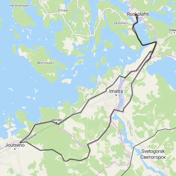 Karttaminiaatyyri "Ruokolahti - Tainionkoski" pyöräilyinspiraatiosta alueella Etelä-Suomi, Finland. Luotu Tarmacs.app pyöräilyreittisuunnittelijalla